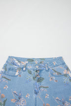 Sky Blue Retro Floral Print Frayed Hem Shift Jeans