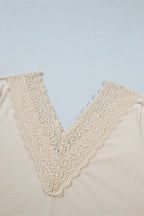 Apricot Lace Trim V Neck Long Sleeve Patchwork Pullover Top