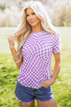 Purple Checkered Print Mock Neck Mesh T Shirt