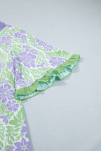Purple Floral Print Ruffled Color Block Trim Half Sleeve Blouse