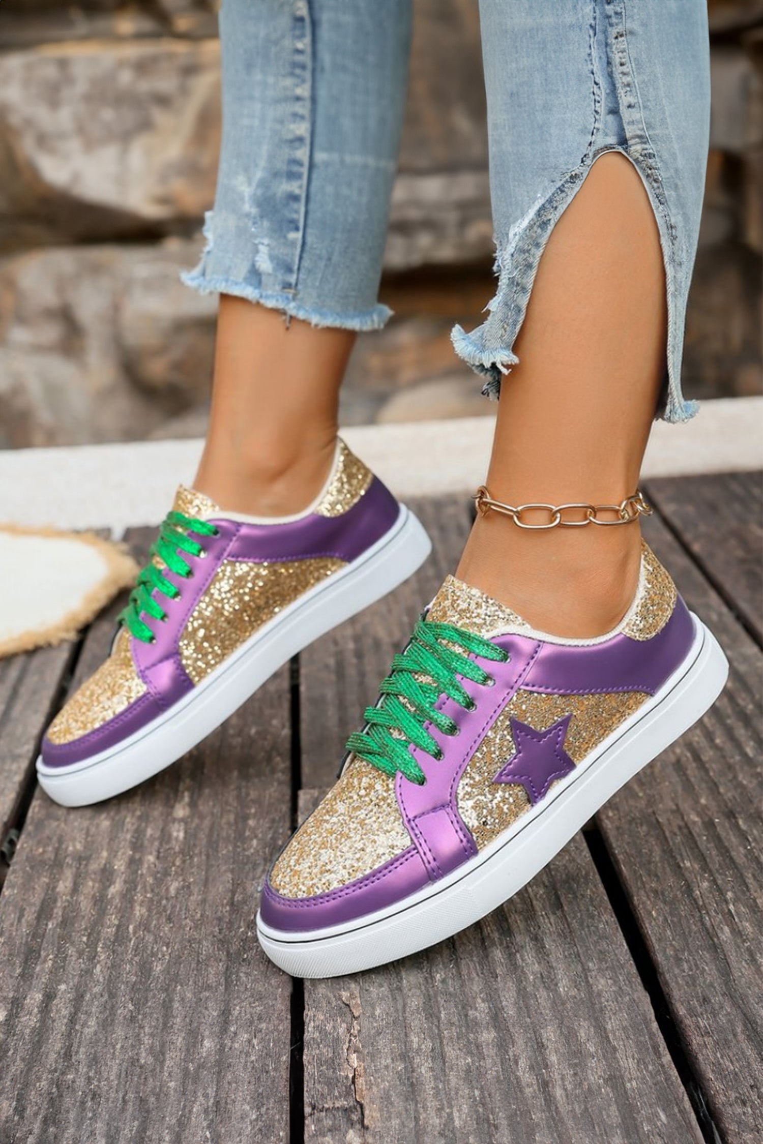 Tillandsia Purple Glitter Star Patchwork PU Leather Lace-up Sneakers