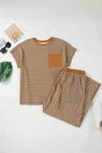 Khaki Stripe Plus Size Striped Colorblock Pocket Lounge Set