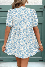 Blue Leopard Contrast Bow Puff Sleeve Mini Dress