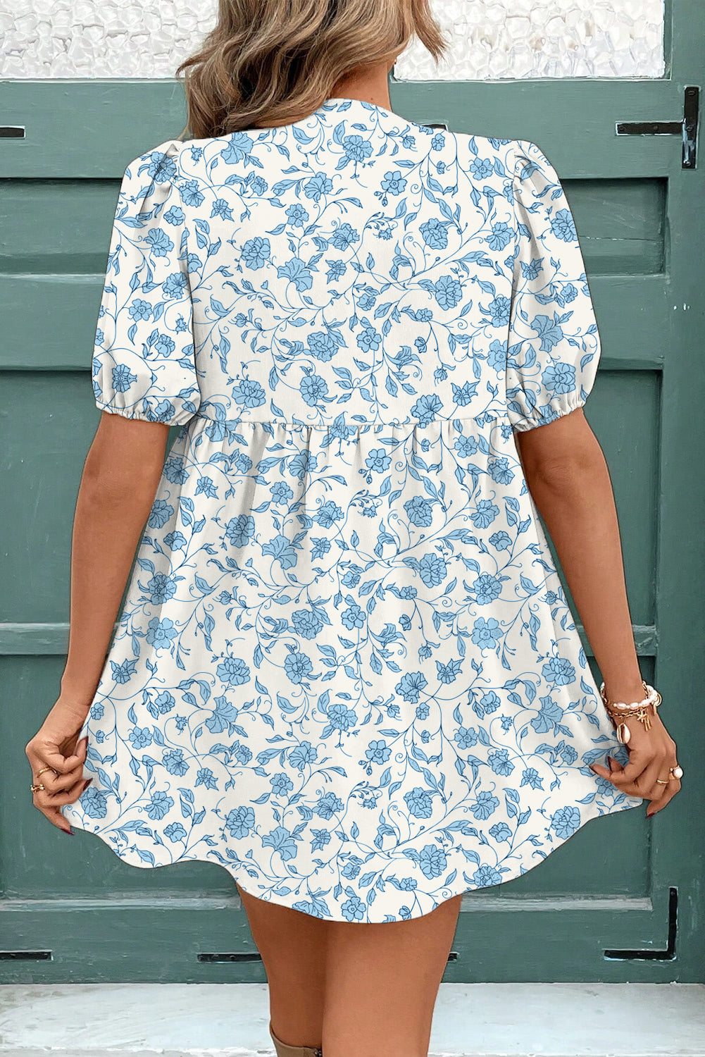 Blue Leopard Contrast Bow Puff Sleeve Mini Dress