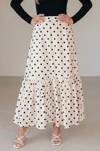 White Polka Dot Ruffled Slit Maxi Skirt