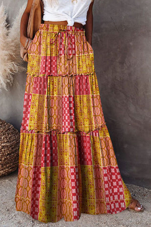 Tiered Paisley Print Pocketed Maxi Skirt