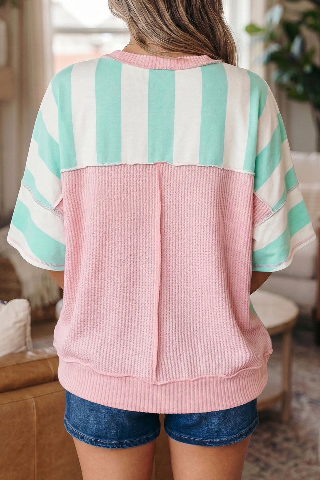 Striped Exposed Seam Ribbed Patchwork Oversized Tee