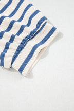 Striped Short Puff Sleeve Colour Block Polo Collar Blouse