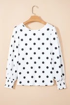 White Polka Dot Print Round Neck Frilled Long Sleeve Blouse