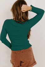 Lace Neckline Button Decor Lettuce Edge Long Sleeve Ribbed Top