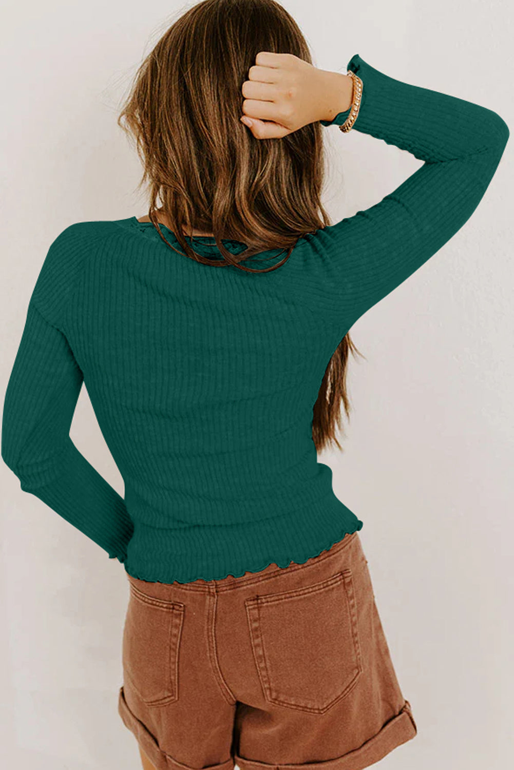 Lace Neckline Button Decor Lettuce Edge Long Sleeve Ribbed Top