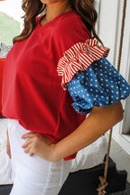 Fiery Red Plus Size Striped Ruffles Star Short Bubble Sleeve Patchwork Top