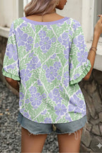 Purple Floral Print Ruffled Color Block Trim Half Sleeve Blouse