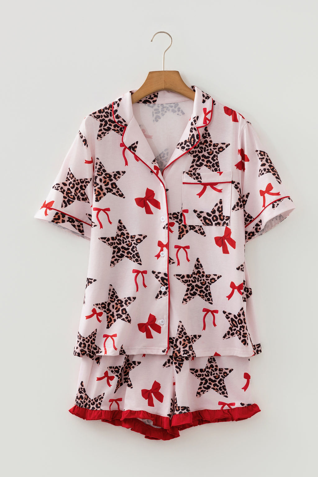 White Leopard Star Ribbon Bow Print Contrast Trim Short Pyjama Set