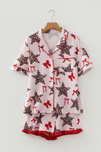 White Leopard Star Ribbon Bow Print Contrast Trim Short Pyjama Set