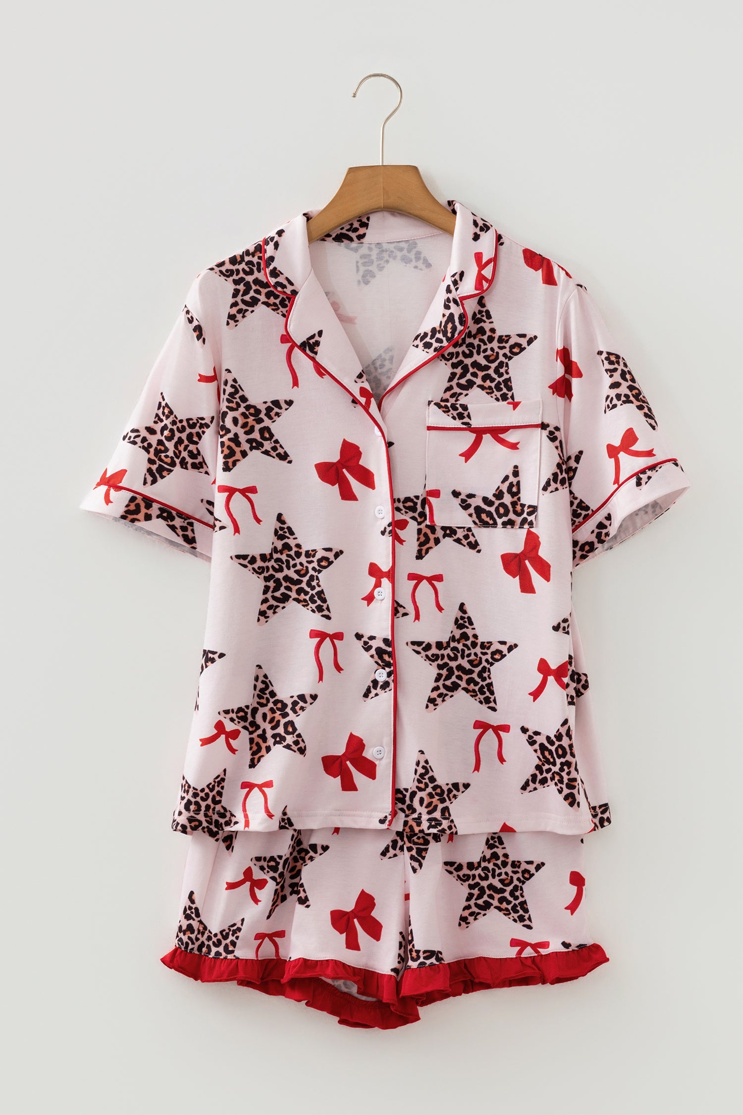 White Leopard Star Ribbon Bow Print Contrast Trim Short Pyjama Set