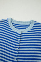 Blue Stripe Loose Half Sleeve Knit Button Down Sweater Cardigan