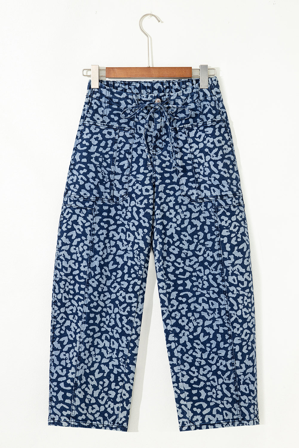Leopard Printed Drawstring Elastic Waistband Pocketed Wide Leg Jeans