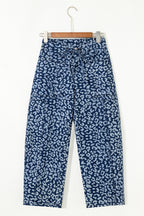 Leopard Printed Drawstring Elastic Waistband Pocketed Wide Leg Jeans