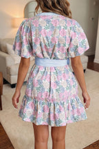 White Floral Print Striped Contrast Trim Belted Short Dress
