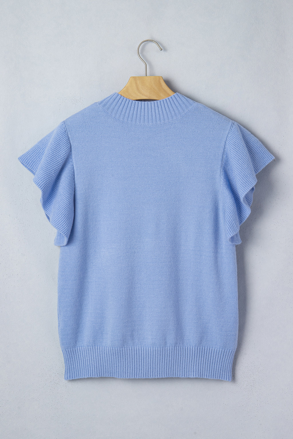Solid Color Ribbed Trim Round Neck Ruffle Short Sleeve Sweater