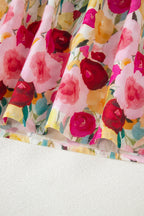 Pink Floral Frilled V Neck Puff Short Sleeve Blouse