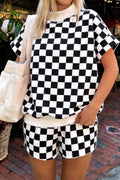 Checkered Print Colour Block Trim Mock Neck Short Set