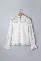 White Ruffled Round Neck Long Flounce Sleeve Sheer Lace Blouse