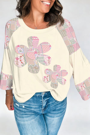 Beige Color Block Retro Floral Patchwork Long Sleeve Top