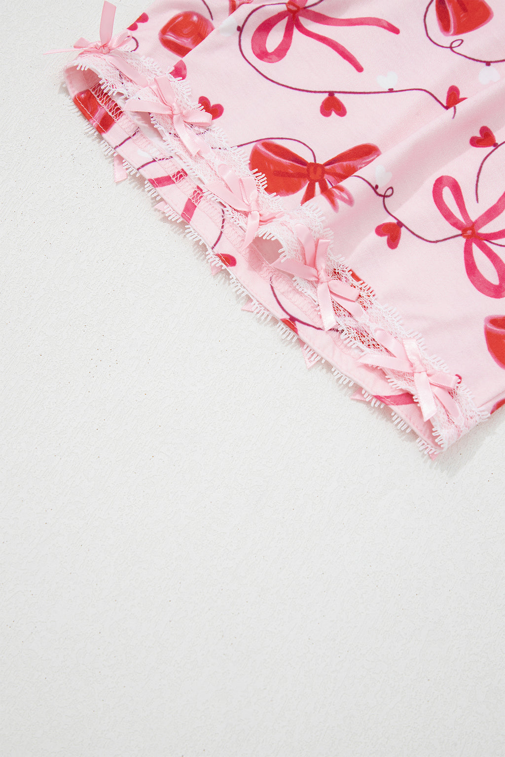 Red Romantic Bow Print Loose Tee Drawstring Shorts 2pcs Lounge Set