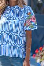 Sky Blue Unique Geometry Print Floral Embroidered Puff Sleeve Blouse