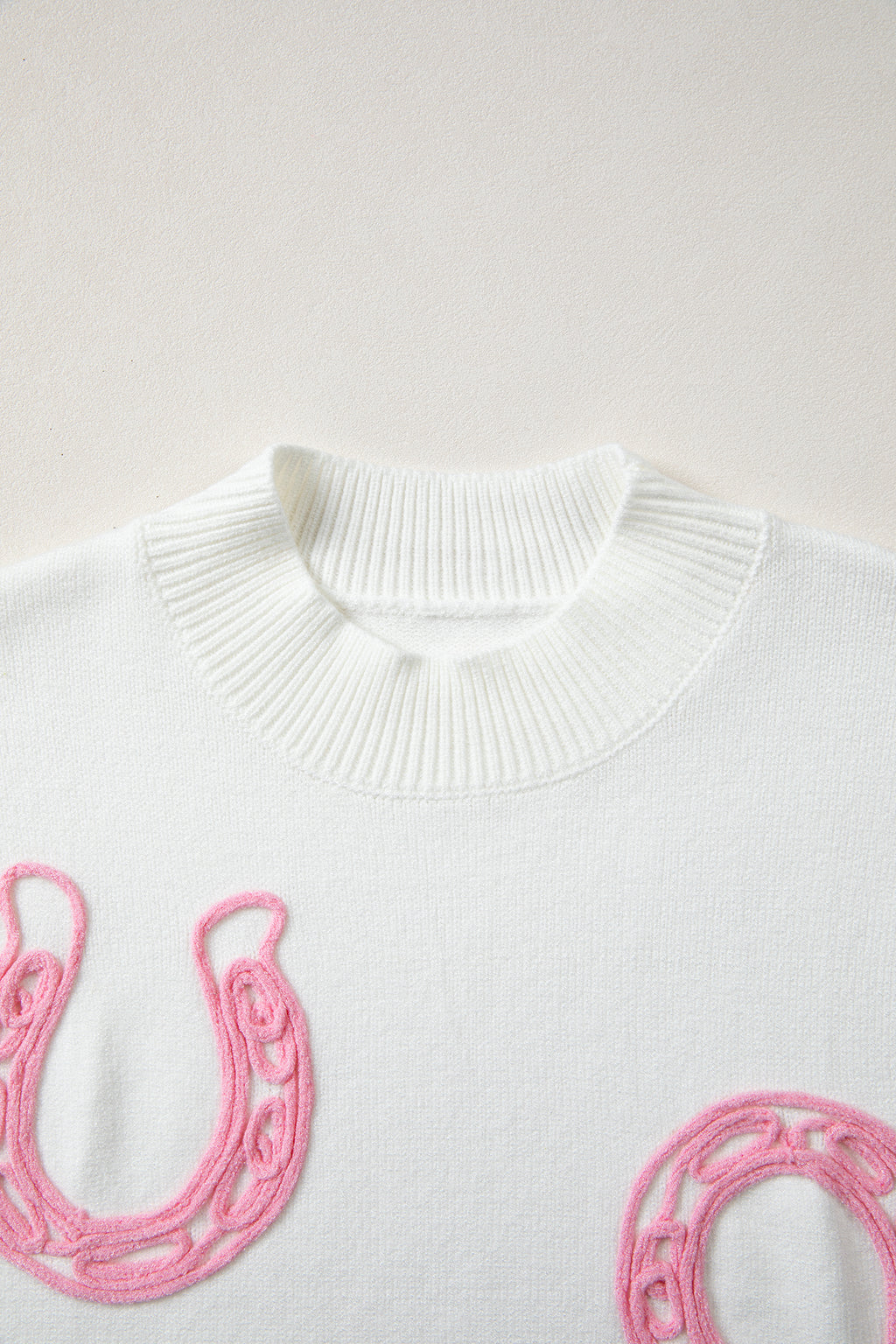 Corded Horseshoes Ribbed Trim Mock Neck Short Sleeve Sweater