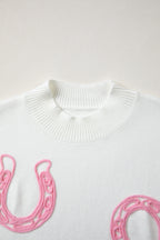 Corded Horseshoes Ribbed Trim Mock Neck Short Sleeve Sweater