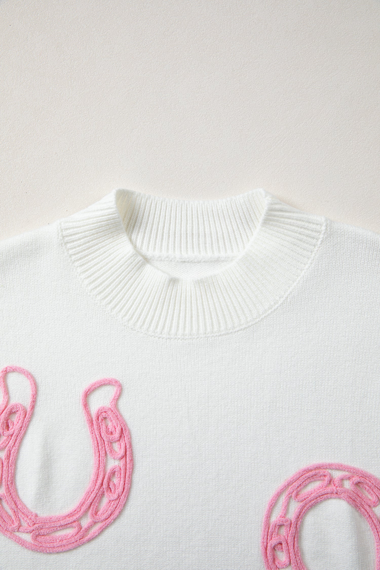 Corded Horseshoes Ribbed Trim Mock Neck Short Sleeve Sweater