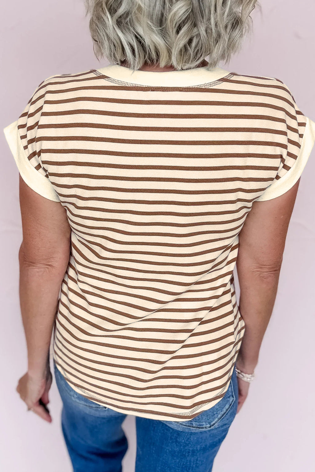Striped Half Buttons Round Neck T Shirt