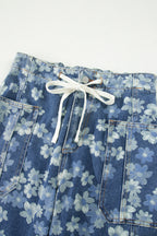 Sky Blue Dainty Floral Printed Drawstring Barrel Jeans