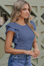 Real Teal Wavy Textured Ruffle Sleeve Top
