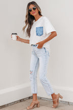Color Block Chest Pocket Patched Casual Short Sleeve Top