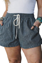 Blue Stripe Plus Size Contrast Drawstring Elastic Waist Denim Shorts