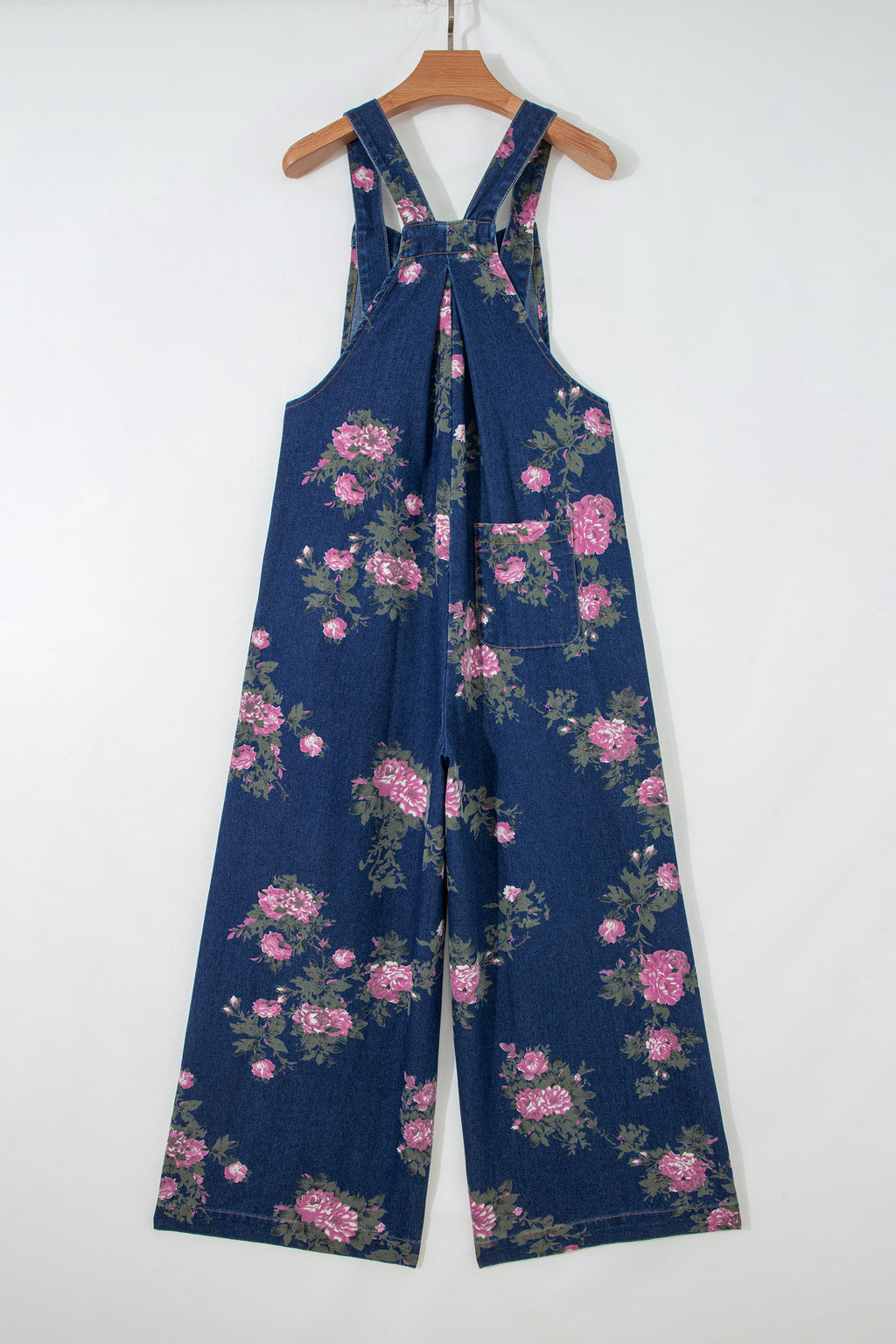 Floral Print Pleated High Waist Wide Leg Denim Jumpsuit