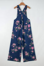 Floral Print Pleated High Waist Wide Leg Denim Jumpsuit