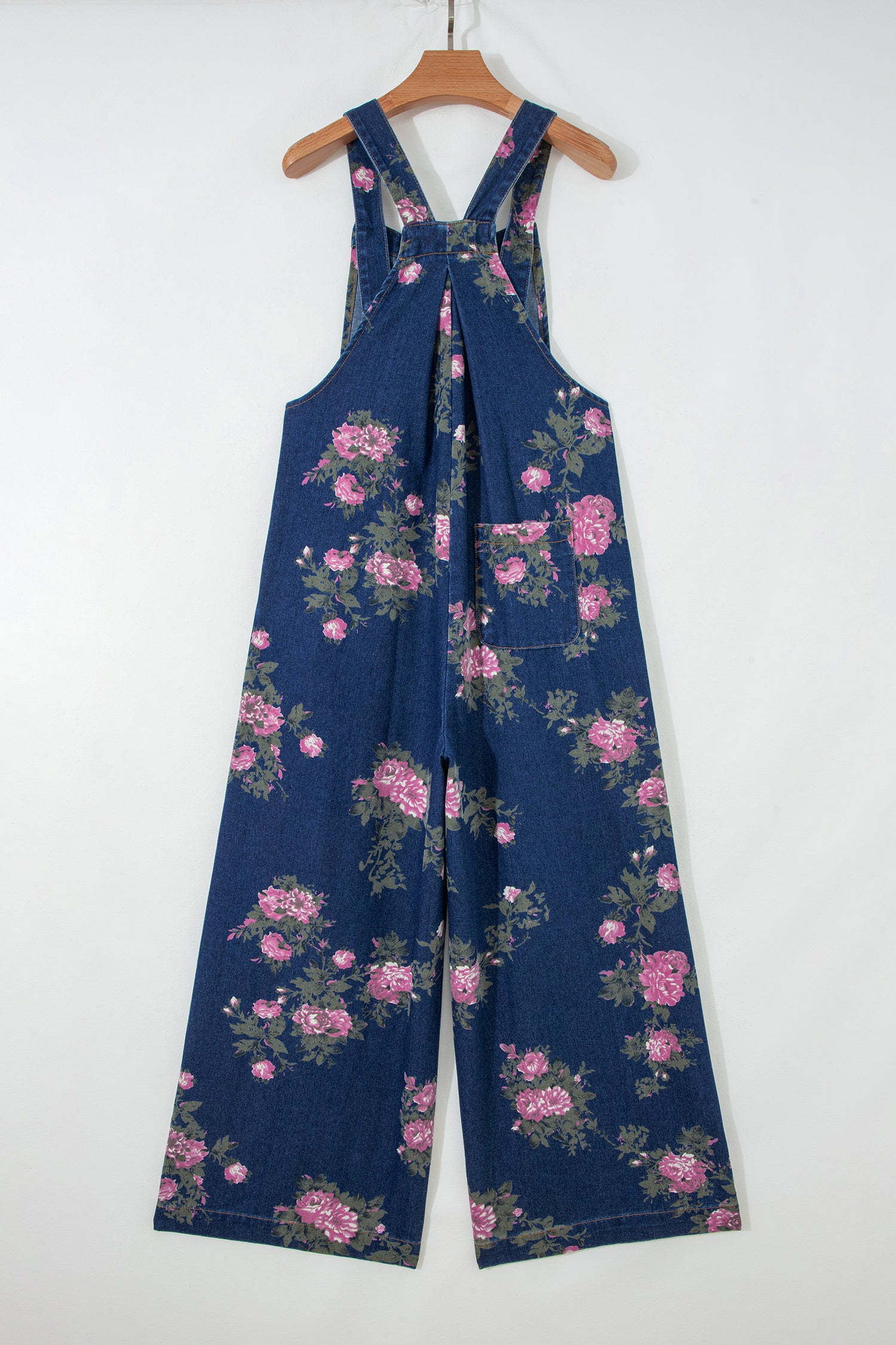 Floral Print Pleated High Waist Wide Leg Denim Jumpsuit
