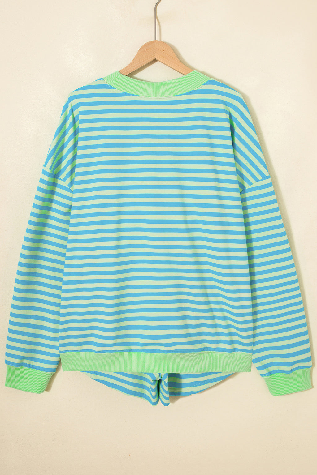 Striped Color Block Detail Long Sleeve Pullover Elastic Waist Pull On Shorts 2pcs Set