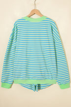 Striped Color Block Detail Long Sleeve Pullover Elastic Waist Pull On Shorts 2pcs Set