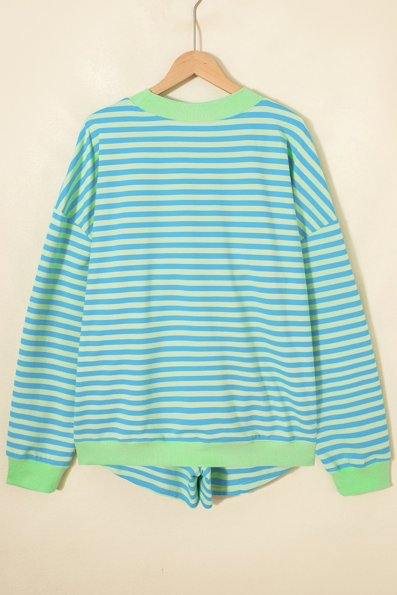 Striped Color Block Detail Long Sleeve Pullover Elastic Waist Pull On Shorts 2pcs Set