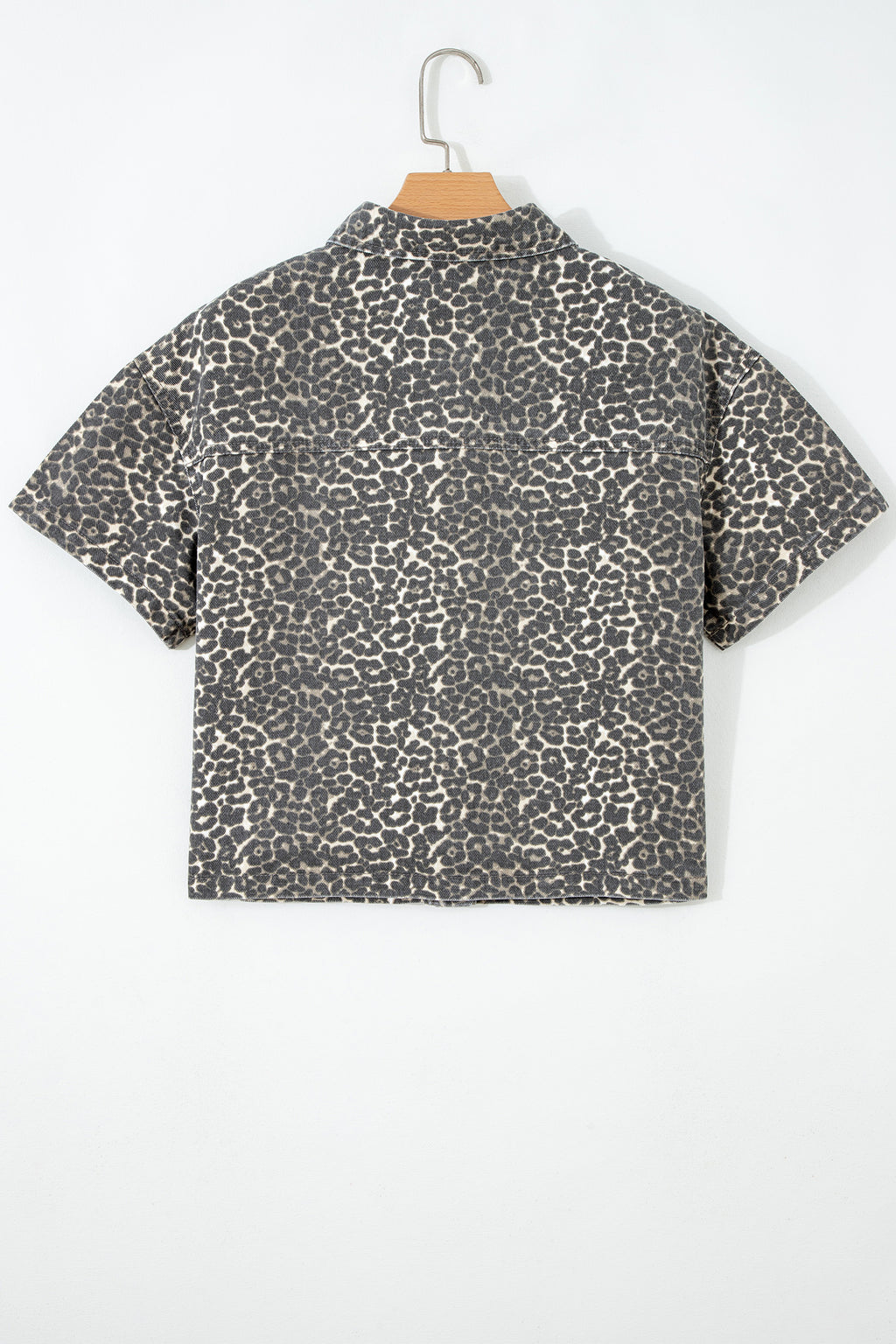 Grey Vintage Leopard Print Short Sleeve Loose Cotton Denim Shirt