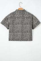 Grey Vintage Leopard Print Short Sleeve Loose Cotton Denim Shirt