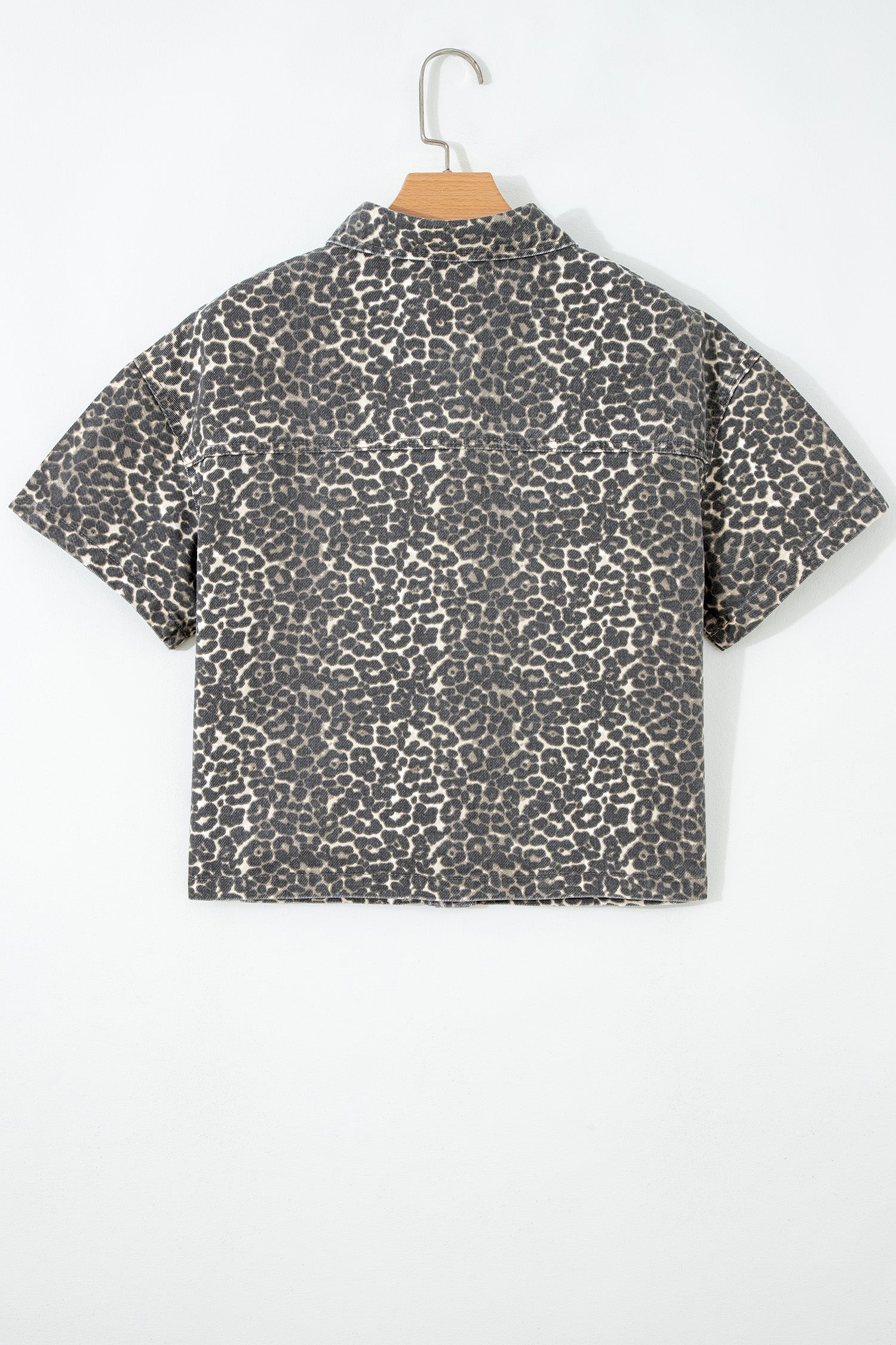 Grey Vintage Leopard Print Short Sleeve Loose Cotton Denim Shirt