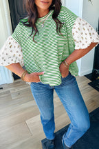 Striped Floral Puff Sleeve Patchwork Round Neck Loose Top