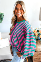 Striped Print Drop Shoulder Lace Trim Bracelet Sleeve Loose Top